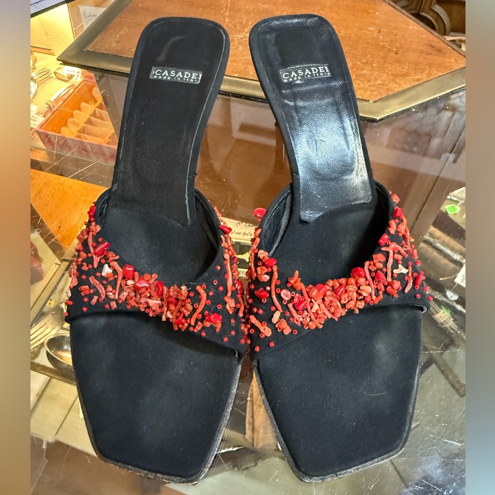 vintage casadei kitten heels black coral beads 8 open toe retro chic europe